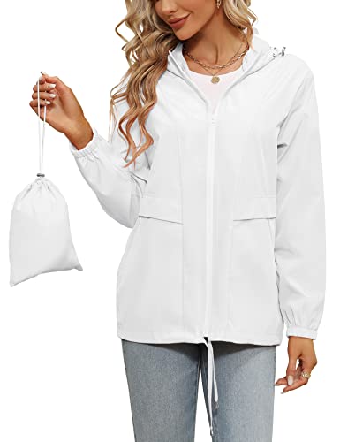 Tisfeer Sportjacke Damen Wasserdicht Winddicht Faltbare Regenjacke Packbar Dünne Regenmantel Windbreaker(Weiß,M) von Tisfeer