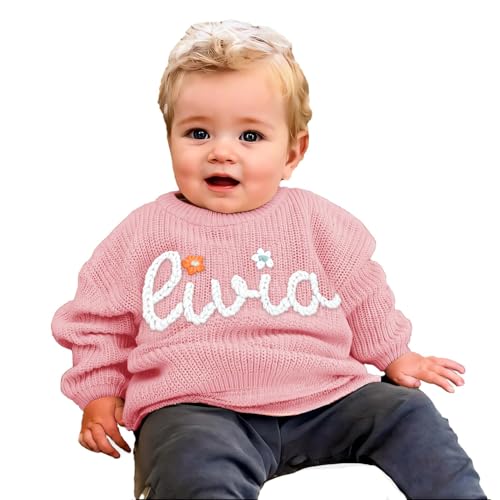 Tivhelrf Handgefertigter Baby-Strickpullover mit individuell besticktem Namen oder Monogramm, Mädchen, Jungen, Kleinkinder und Kinder 12-18M Rose Tivhelrf Handgefertigter Baby-Strickpullover mit individuell besticktem Namen oder Monogramm, Mädchen, Jungen, Kleinkinder und Kinder 12-18M Rose von Tivhelrf