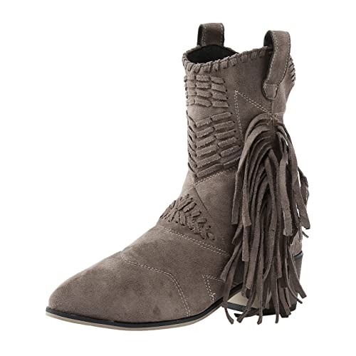 Tkukkwr Cowboystiefel für Damen, Westernstiefel, Quaste, Retro-Stil, spitzer Zehenbereich, klobiger Blockabsatz, kurze Stiefel, Damenschuhe, Cowboystiefel, khaki, 38.5 EU von Tkukkwr