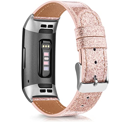 Tobfit Lederarmband für Fitbit Charge 4 Armbänder für Damen und Herren, echtes genarbtes Leder, Ersatzarmband für Fitbit Charge 4 Band / Fitbit Charge 3 4 SE (Roségold-Glitzer) von Tobfit