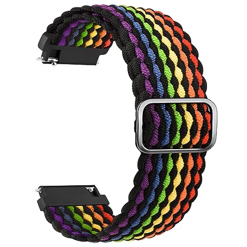 Tobfit Schnellverschluss-Uhrenarmband für Damen und Herren, 20 mm, geflochtenes Nylon, elastisch, dehnbar, verstellbare Schlaufe, Ersatzarmbänder, schwarzer Regenbogen von Tobfit