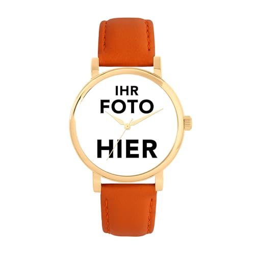 Toff London Personalisierte Fotogeschenke für Frauen, analoge Anzeige, japanische Uhr mit Quarzwerk und orangefarbenem Lederarmband, individuell gravierte Uhr von Toff London
