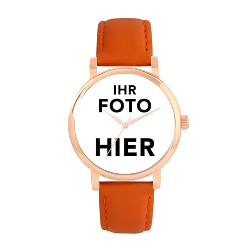 Toff London Personalisierte Fotogeschenke für Frauen, analoge Anzeige, japanische Uhr mit Quarzwerk und orangefarbenem Lederarmband, maßgefertigte gravierte Uhr von Toff London