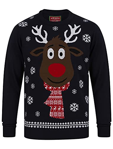 Rudolph Scarf Motif Novelty Christmas Jumper in Ink – Merry Christmas - XL von Tokyo Laundry