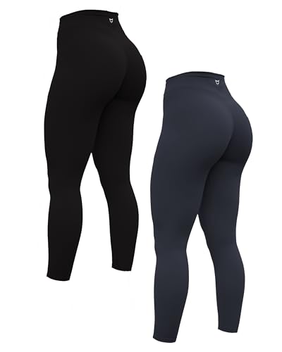 TomTiger Yogahose für Damen, 7/8, hohe Taille, Workout-Yoga-Leggings für Damen, Po-Heben, Bauchkontrolle, Booty-Leggings, Schwarz/Schwarz meliert, M von TomTiger