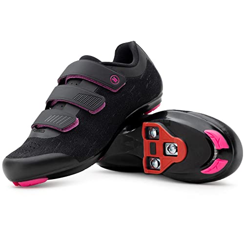 Tommaso Pista 100 Knit Stilvolle Damen Fahrradschuh, Indoor Cycling Peloton Ready Atmungsaktiv Leicht Fahrradschuh Bundle mit Kompatible Cleat, Look Delta, SPD Schwarz, Schwarz/Pink – Delta., 38 EU von Tommaso