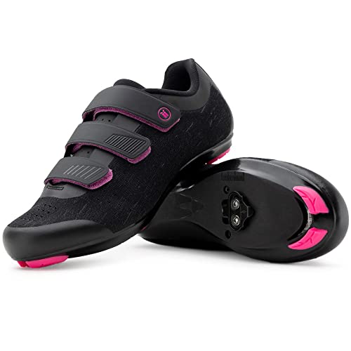 Tommaso Pista 100 Knit Stilvolle Damen Fahrradschuh, Indoor Cycling Peloton Ready Atmungsaktiv Leicht Fahrradschuh Bundle mit Kompatible Cleat, Look Delta, SPD Schwarz, Schwarz/Pink – Spd, 40.5 EU von Tommaso