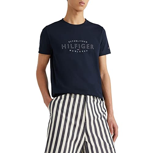Tommy Hilfiger Herren T-Shirt Kurzarm Curve Logo Slim Fit, Blau (Desert Sky), XL von Tommy Hilfiger