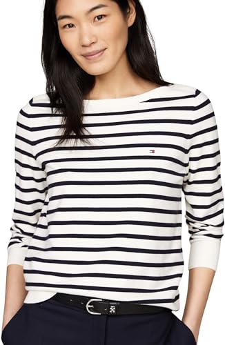 Tommy Hilfiger Damen CO Jersey Stitch Boat-NK Sweater WW0WW40099 Pullover, Weiß (Ivory Petal/Desert Sky STP), S von Tommy Hilfiger