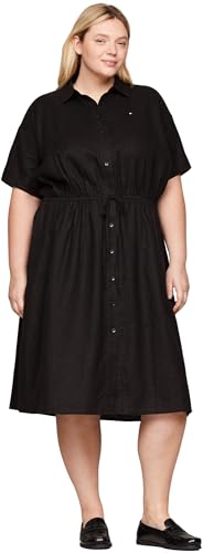 Tommy Hilfiger Damen Hemdkleid Curve Leinen Midi Shirt Dress Knielang, Schwarz (Black), 46 von Tommy Hilfiger