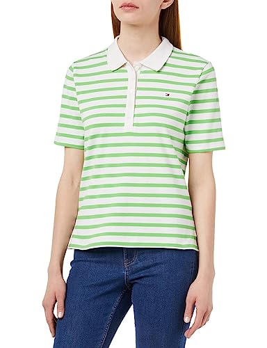 Tommy Hilfiger Damen Poloshirt Kurzarm 1985 Pique Stripe Polo Regular Fit, Weiß (Breton Stripes W White/Spring Lime), S von Tommy Hilfiger