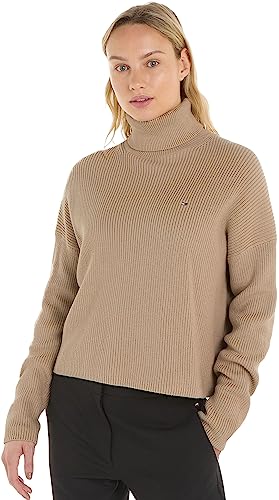 Tommy Hilfiger Damen Pullover Cardigan Funnel-Neck Rollkragen, Beige (Merino), L von Tommy Hilfiger