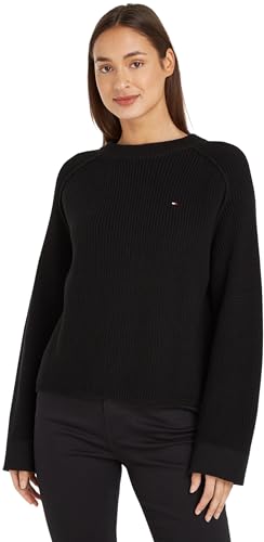 Tommy Hilfiger Damen Pullover Co Cardi Stitch Crew Neck Strickpullover, Schwarz (Black), L von Tommy Hilfiger