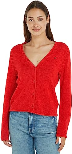 Tommy Hilfiger Damen Strickjacke Cardigan Soft Wool V-Neck mit Knopfleiste, Rot (Fireworks), L von Tommy Hilfiger