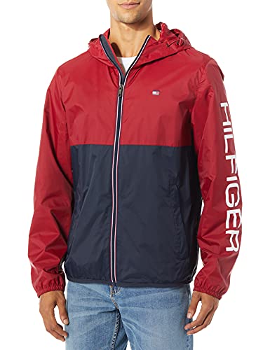 Tommy Hilfiger Herren Colorblocked Logo Regenjacke, Rot/Marineblau Colorblock, XL von Tommy Hilfiger