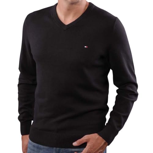 Tommy Hilfiger Herren De Cotton V-ausschnitt Pullover, Schwarz, M von Tommy Hilfiger