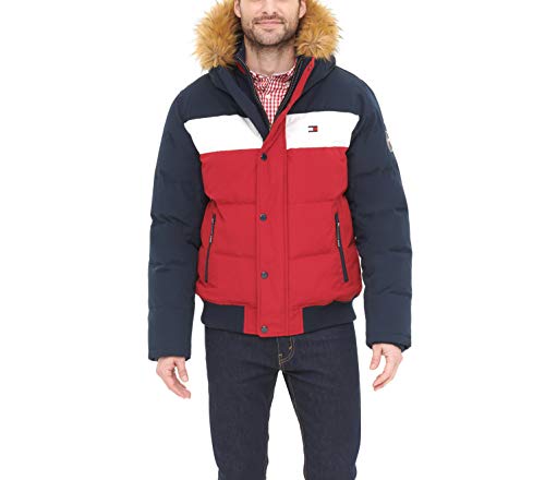 Tommy Hilfiger Herren Arctic Cloth Gesteppte Schnorchel-Bomberjacke Parka, Marineblau/Weiß/Rot, XS von Tommy Hilfiger