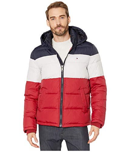 Tommy Hilfiger Herren Kapuzenjacke mit Puffern Daunenjacke für Oberbekleidung, Midnight/White/Red, M von Tommy Hilfiger