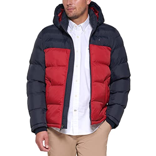 Tommy Hilfiger Herren Hooded Puffer Jacket Daunenalternativer Mantel, Mitternacht/Rot Farbblock, XXL von Tommy Hilfiger