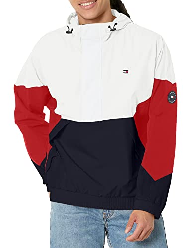 Tommy Hilfiger Herren Retro Lightweight Taslan Hooded Popover Water Resistant Windbreaker Jacket Windjacke, Tricolor Midnight/Ice/Red, Medium von Tommy Hilfiger