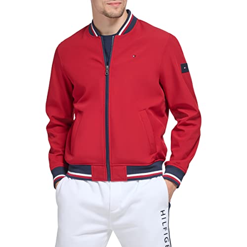 Tommy Hilfiger Herren Leichte Varsity Rippstrick-Bomberjacke Shell-Jacke, Rot/Ausflug, einfarbig (Getaway Solids), S von Tommy Hilfiger