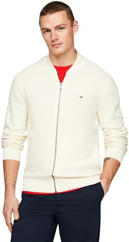 Tommy Hilfiger Herren Strickjacke Cardigan mit Reißverschluss Zipper, Weiß (Calico), L von Tommy Hilfiger