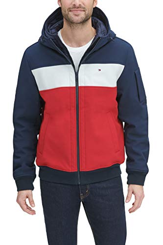 Tommy Hilfiger Herren Softshell-Bomberjacke mit Kapuze und Lätzchen (Standard und Big & Tall), Midnight/Ice/Red, Größe XXL, Midnight/Ice/Red, XX-Large Hoch von Tommy Hilfiger