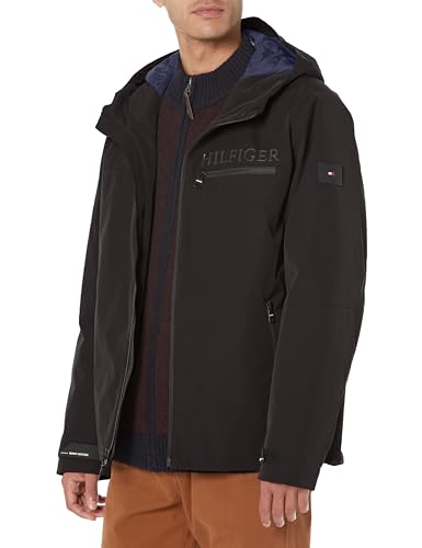 Tommy Hilfiger Herren Softshell Hoodie mit Reißverschluss Brusttasche Jacke, Schwarz, XL von Tommy Hilfiger