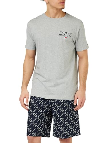 Tommy Hilfiger Herren Pyjama-Set Drawstring Kurz, Mehrfarbig (Grey Ht / Th Diagonal Logo Flag), L von Tommy Hilfiger