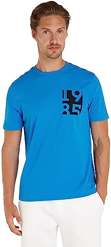 Tommy Hilfiger Herren T-Shirt Kurzarm Chest Print Rundhalsausschnitt, Blau (Cerulean Aqua), M von Tommy Hilfiger