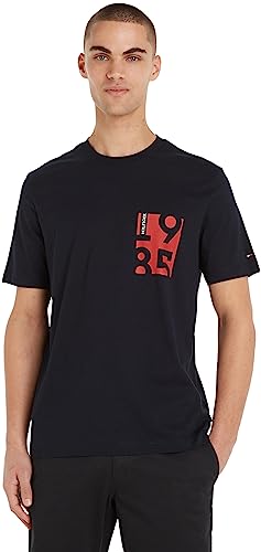 Tommy Hilfiger Herren T-Shirt Kurzarm Chest Print Rundhalsausschnitt, Blau (Desert Sky), XS von Tommy Hilfiger