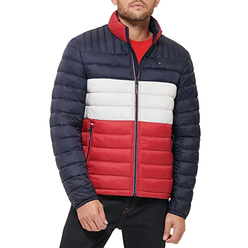 Tommy Hilfiger Herren Ultra Loft Lightweight Packable Puffer Jacket (Standard and Big & Tall) Daunenalternative Mantel, Mitternacht/Weiß/Rot mit Aufnäher, XXL von Tommy Hilfiger