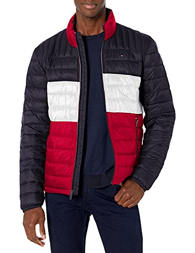 Tommy Hilfiger Herren Ultra Loft Verstaubare Pufferjacke Daunenalternative Mantel, Mitternacht/Weiß/Rot mit Aufnäher, 4XL Tall von Tommy Hilfiger