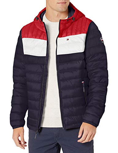 Tommy Hilfiger Herren Wasserabweisende Jacke mit Kapuze und Ultra-Loft-Füllung Daunenalternativer Mantel, Midnight/Ice/Red Flag Colorblock, L von Tommy Hilfiger