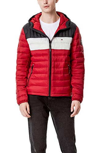 Tommy Hilfiger Herren Wasserabweisende Ultra Loft gefüllte Pufferjacke mit Kapuze, Rot/Eis/Marineblau Colorblock, Medium von Tommy Hilfiger