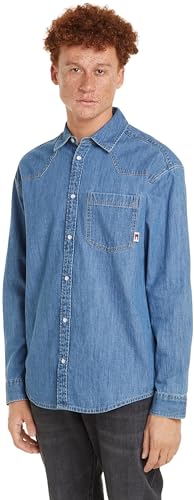 Tommy Jeans Herren Hemd Western Denim Shirt Freizeithemd, Blau (Mid Indigo), L von Tommy Jeans