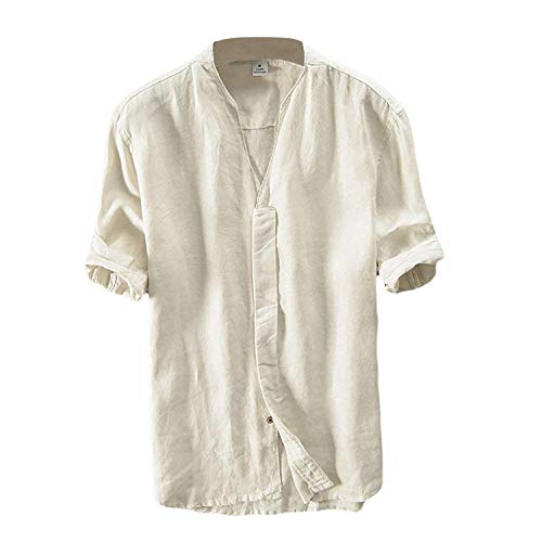 Leinen Hemd Herren Kurzarm Sommerhemd V-Ausschnitt Freizeit Hemd Regular Fit Kragenloses Shirt Tops 1 Beige L von Tomwell