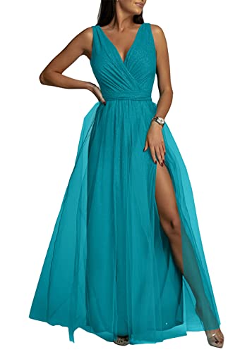 Tomwell Abendkleider für Damen Spitzen Ärmelloses Chiffon Kleid Mode Einfarbig Wickelkleid Brautjungfernkleider Cocktailkleid Partykleid Maxikleid Ballkleid B Blau XXL von Tomwell