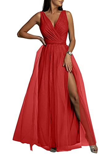 Tomwell Abendkleider für Damen Spitzen Ärmelloses Chiffon Kleid Mode Einfarbig Wickelkleid Brautjungfernkleider Cocktailkleid Partykleid Maxikleid Ballkleid B Rot M von Tomwell