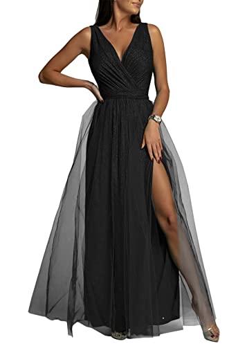 Tomwell Abendkleider für Damen Spitzen Ärmelloses Chiffon Kleid Mode Einfarbig Wickelkleid Brautjungfernkleider Cocktailkleid Partykleid Maxikleid Ballkleid B Schwarz XL von Tomwell