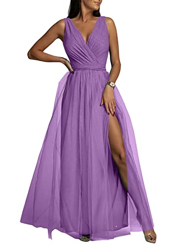 Tomwell Abendkleider für Damen Spitzen Ärmelloses Chiffon Kleid Mode Einfarbig Wickelkleid Brautjungfernkleider Cocktailkleid Partykleid Maxikleid Ballkleid B Violett XL von Tomwell