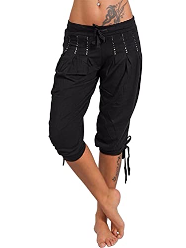 Tomwell Damen 3/4 Caprihose Trainingshose Sporthose Kurze Hose Sport Fitness Jogginghose Shorts Bermuda Sommerhose Knielang Freizeithose W Schwarz M von Tomwell