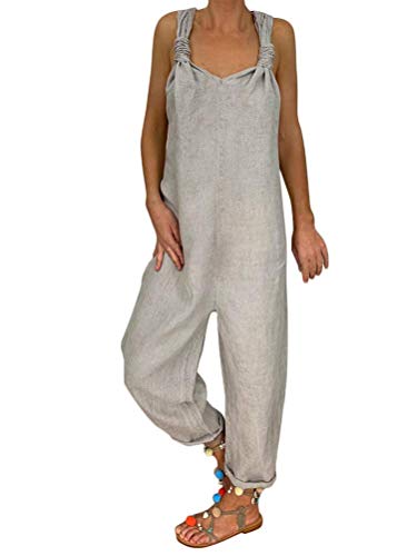 Tomwell Damen Beiläufig Latzhose Jumpsuits Bib Hose Leinen Einfarbig Casual Loose Overall Rompers Lange Wide Leg Hosen 1 Grau 38 von Tomwell