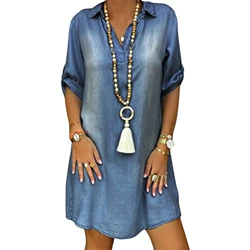 Tomwell Damen Blusenkleid Elegant V-Ausschnitt Langarm Hemdkleid Einfarbig Druck Lang Kleid Mit Knopf Shirtkleid Maxikleid Strandkleid Sommerkleid A Dunkelblau M von Tomwell