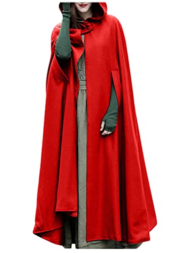 Tomwell Damen Cape Mantel mit Kapuze Einfarbig Elegant Umhang Trench Coat Cardigan Jacket Halloween Herbst Winter Retro Outwear Longstrickjacke Rot XL von Tomwell