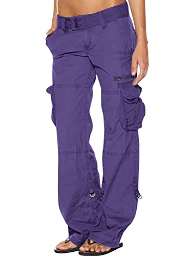 Tomwell Damen Cargo Hosen Multi Taschen Mode Jogginghose Loose Sporthose High Waist Bequem Gerade Freizeithose Einfarbig Outdoorhose Arbeitshose Z Violett Large von Tomwell