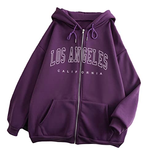 Tomwell Damen Casual Hoodie Langarm Sweatshirt California Brief Print Sweatshirt mit Reißverschluss Oversized Hip Hop Tops Teenager Mädchen Vintage Pullover A Violett L von Tomwell