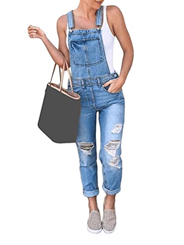 Tomwell Damen Denim Overall Zerrissen Jumpsuit Casual Jeans Gerades Bein Frauen Klassisch Latzjeans Vintage Straight Fit Overalls Baggy Boyfriend Dungarees Ärmellos mit Taschen A Blau 3XL von Tomwell