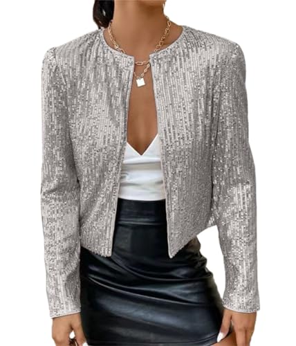 Tomwell Damen Glänzend Pailletten Jacke Cardigan Langarm Lässige Tops Kurz Oberteile Eleganter Blazer Glitzer Party Stehkragen Business Anzugjacke Clubwear A Silber XL von Tomwell