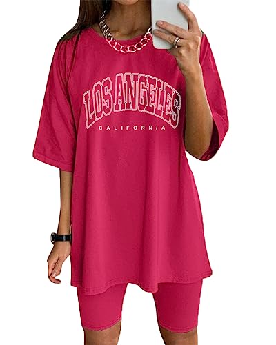 Tomwell Damen Hausanzug Rundhals Mode 2 Teile Sommer Briefdruck Jogginganzug Outfits Casual Kurzarm Trainingsanzug Frau Lose Teenager Mädchen Oversized T-Shirt + Shorts Set A Dunkelrosa S von Tomwell